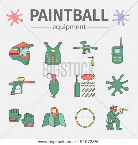 Paint-ball equipment. Colored icons set isolated on white background. Modern flat design. Vector illustration