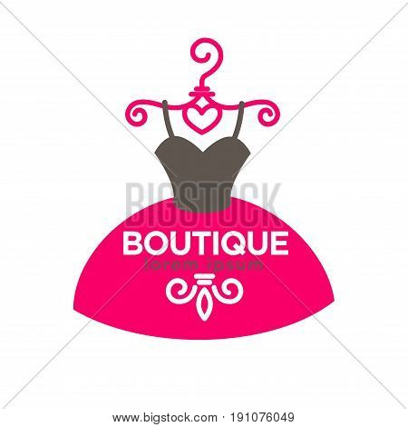 Luxury boutique with expensive exclusive dresses emblem with elegant ball gown with heart-shaped corset on swirly pink shoulders and sign on skirt isolated vector illustration on white background.