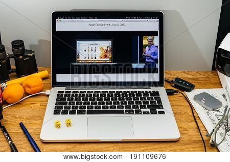 PARIS FRANCE - JUNE 6 2017: Apple Computers website on MacBook laptop in creative environment showcasing Apple Craig Federighi previews macOS High Sierra at WWDC 2017 - new browser improvments