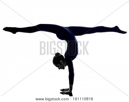 woman exercising Eka Pada Viparita Dandasana pose yoga silhouette shadow white background
