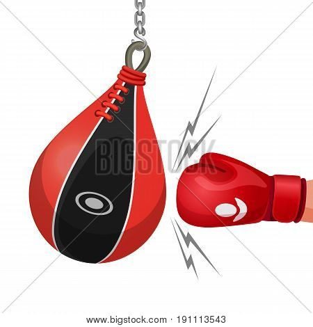 Boxing glove hits punching bag vector illustration isolated on white. Hand knocks punchbag hanging on chain