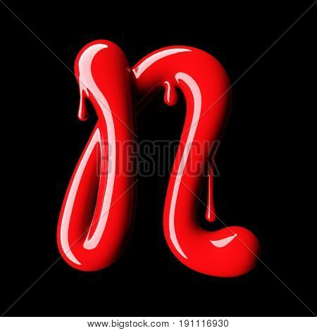 Glossy red letter N uppercase. 3D rendering font with glint on black background.