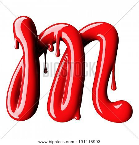 Glossy red letter M uppercase. 3D rendering font with glint isolated on white background.