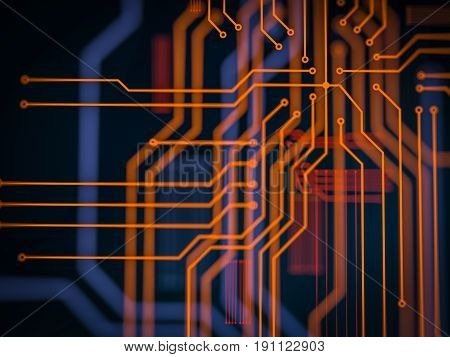Circuit board futuristic server code processing. Orange, green, blue technology background with bokeh. 3d render