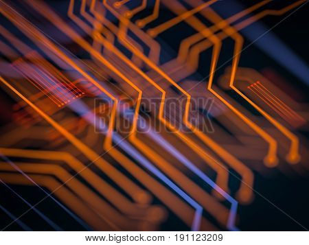 Circuit board futuristic server code processing. Orange, green, blue technology background with bokeh. 3d render