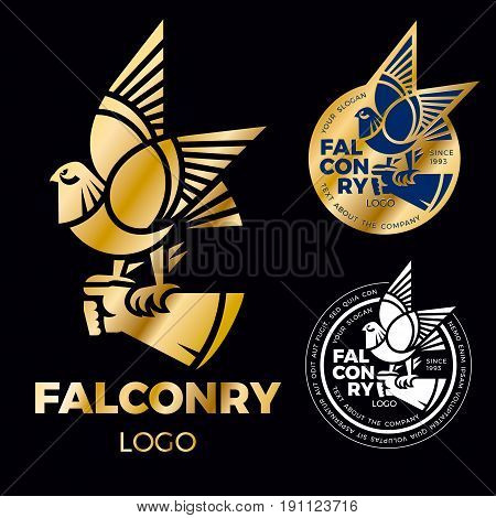 A sign of falconry is a falcon, a hawk is sitting on a gloved hand. Creative logo for the corporate identity of the company. gold falcon label. Vector logo sign concept illustration. Element of design.