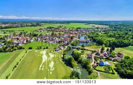 Aerial panorama of Eschau, a village near Strasbourg - Bas-Rhin, France