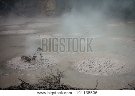 Mud texture or wet dark soil as natural organic clay and geological sediment mixture. Boiling hot mud in Waitapu, North Island in New Zealand.