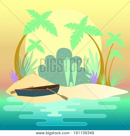 Summer seascape. Small island of jungle, palm trees, boat with oars on the shore. Vector illustration boat on the shore. Evening sunset  ocean. Fairytale summer time.