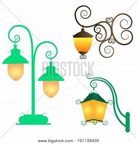 Collection street lamps isolated  white background. Figured forged street lights. Vector design vintage garden lamps. Set street ornate fixtures yellow light.