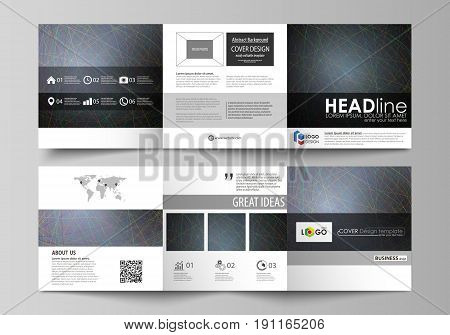 Set of business templates for tri fold square design brochures. Leaflet cover, abstract flat layout, easy editable vector. Colorful dark background with abstract lines. Bright color chaotic, random, messy curves. Colourful vector decoration.