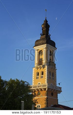 City hall of Kamyanets-Podilsky over blue sky Ukraine