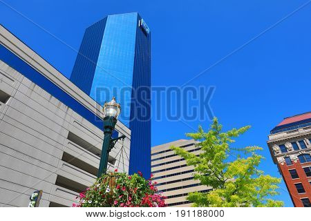 LEXINGTON, KENTUCKY - MAY 13, 2017:  This iconic blue skyscraper is a landmark in Lexington, Kentucky.