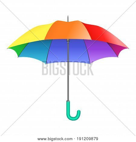 Colored realistic umbrella. Open umbrella in rainbow colors isolated on white background. Vector illustration