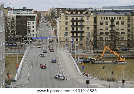 car bridge over river Aura in Turku Finland