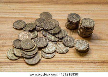 Old Soviet Coins On A Wooden Background