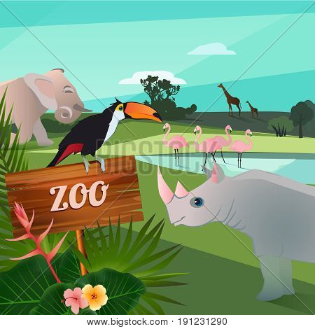 Cartoon illustration of wild animals in zoo. Funny vector characters. Funny zoo animal elephant and flamingo in pond
