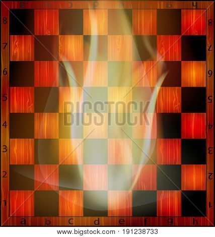 abstract empty wooden chessboard and fire inside