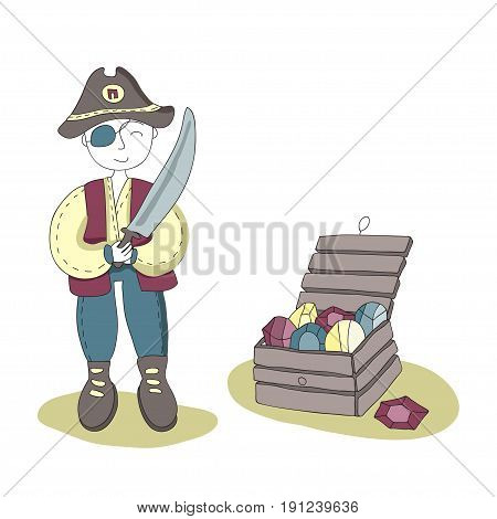 One-eyed pirate with a sword in his hand standing next to a treasure chest. Simple vector illustration for children, isolated on white background.