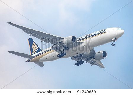 Bangkok, Thailand. - April 22, 2017 : Aircraft or Plane of Singapore Airlines on the sky landing to Suvanabhumi airport.