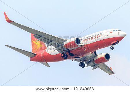 Bangkok, Thailand. - April 23, 2017 : Plane or aircraft of FlyRegent Airways on the sky landing to Suvanabhumi airport.