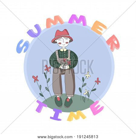 Cute cartoon gardener character and the flowers, vector illustration in simple style. Isolated on white background.
