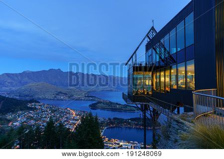 QUEENSTOWN NEW ZEALAND - APRIL 25 2017 : Beautiful cityscape of Queenstown in blue hour South Island of New Zealand