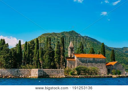 The island of Gospa od Skrpela in the Boko-Kotorsky Gulf near the town of Perast in Montenegro.