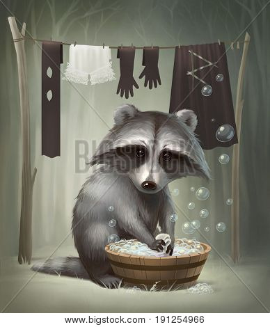 The raccoon is washing clothes, against the background of the forest