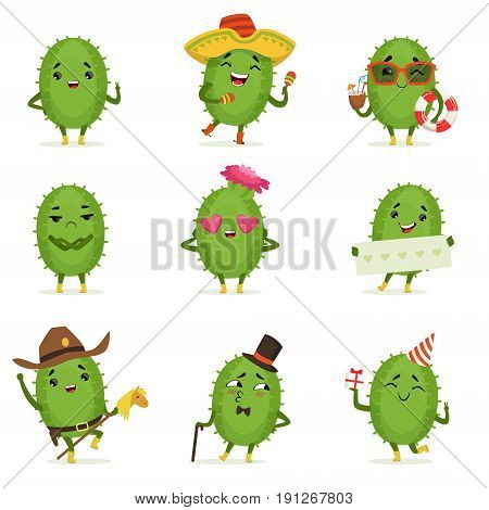 Cute cactus cartoon characters set, cacti activities with different emotions and poses, colorful detailed vector Illustrations isolated on white background