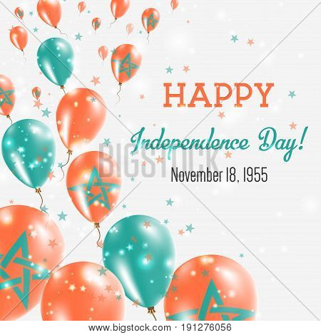 Morocco Independence Day Greeting Card. Flying Balloons In Morocco National Colors. Happy Independen