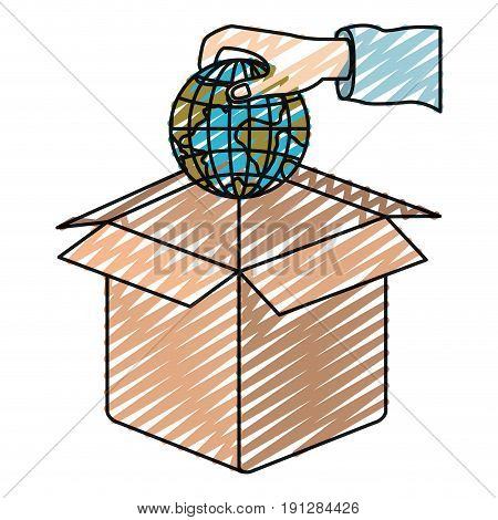 color crayon silhouette hand holding a globe earth world to deposit in cardboard box vector illustration