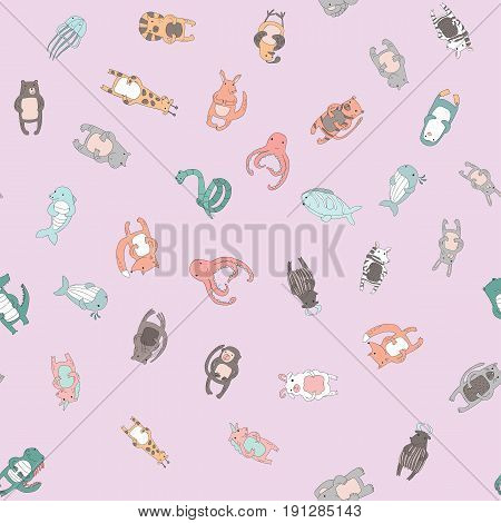Cute cartoon animal characters. Seamless pattern on pink background, vector illustration in simple style.