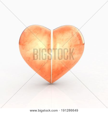 split from the center, marble in fire color bright light, 3D Heart on white background