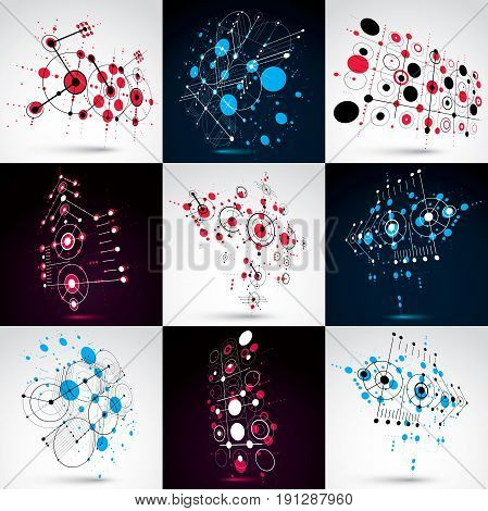 Set of vector Bauhaus abstract backgrounds made with grid and overlapping simple geometric elements circles. Retro artworks technology style graphic templates for advertising poster.