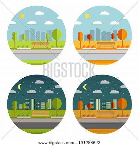 The beautiful summer and autumn city garden with a bench and trees. A city landscape in flat style a vector. City park with town building background.Evening park

The beautiful summer and autumn city garden with a bench and trees. A city landscape in flat