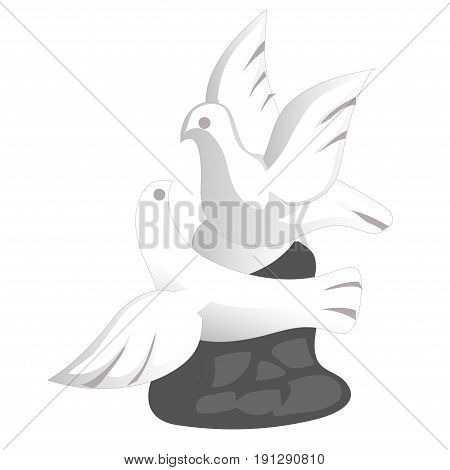 Porcelain doves souvenir toy in a flat design. Symbol of peace and love two birds flying with spread wings. Flying pigeons small glass statue isolated on white. Vector