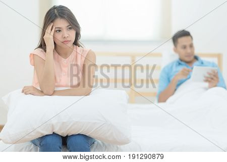 Young Asian Couple Lover Having Argument And Quarrelling, Boyfriend Use Smart Tablet Ignored His Gir