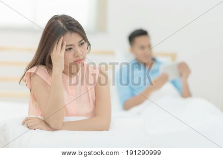 Young Asian Couple Lover Having Argument And Quarrelling, Boyfriend Use Smart Tablet Ignored His Gir