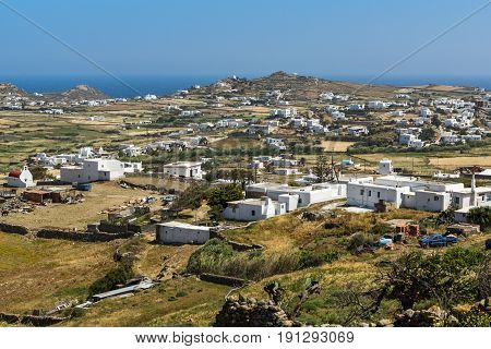Panorama of Town of Ano Mera, island of Mykonos, Cyclades, Greece