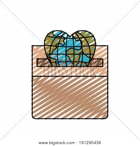 color crayon silhouette front view flat globe earth world in heart shape depositing in a carton box vector illustration