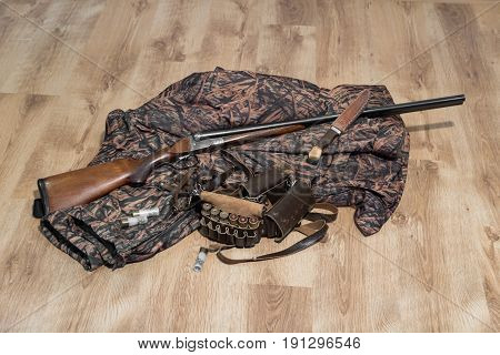 Old Double-barreled Shotgun, Camouflage Jacket, Knife In Scabbard, Amunition Belt And Cartridges For