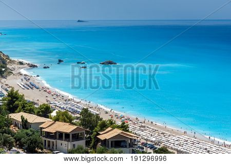 KATHISMA BEACH, LEFKADA, GREECE JULY 16, 2014: Panoramic view of Kathisma beach , Lefkada, Ionian Islands, Greece