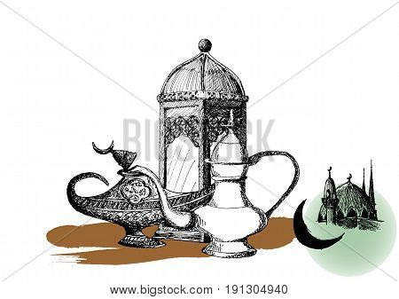Ramadan Kareem Iftar party celebration, Eid Al Fitr Mubarak, Hand Drawn Sketch Vector illustration