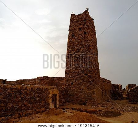 Ruins of Ouadane fortress and mosque in Sahara at Mauritania