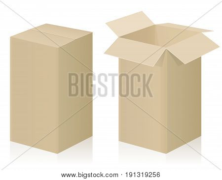 Big parcel - closed and opened - brown strong cardboard - isolated vector illustration on white background.