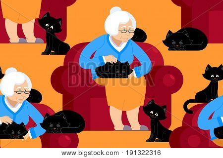 Cat Lady Pattern. Grandmother And Cat Sitting On Chair Pattern. Granny Ornament . Grandma And Pet Ba