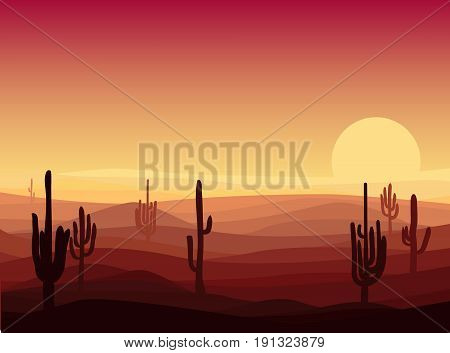 Beautiful desert landscape template with cactuses and sand dunes at sunset vector illustration