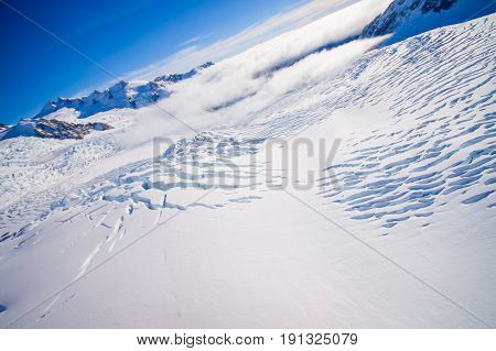 Beautiful glacier near Queenstown, Josef Glacier National Park, in New Zealand in the Australian Alps.