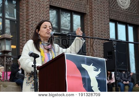 ANN ARBOR MI - JAN 21: UAW Vice-President Cindy Estrada addresses the Women's March in Ann Arbor on January 21 2017.